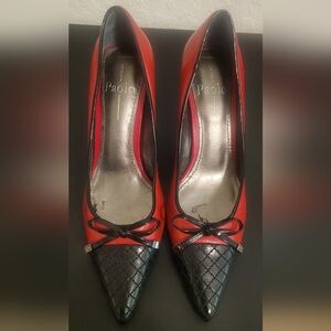 Linea Paolo Red Heels with Black Patent Leather Accent